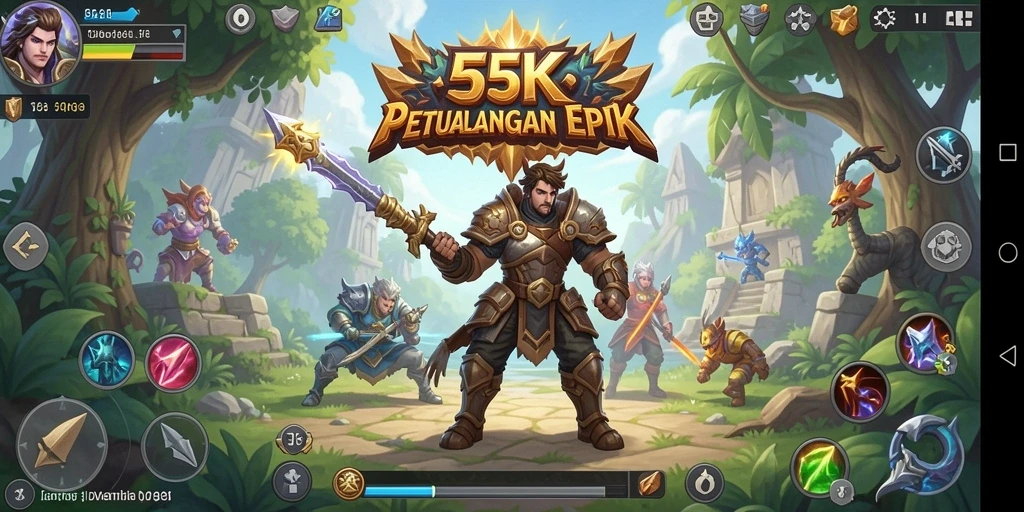 Screeshot 55RK menampilkan pertarungan seru dan karakter berwarna-warni.