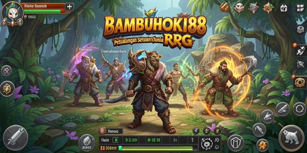 Tangkapan layar utama BAMBUHOKI88 menampilkan pertempuran RPG yang mendebarkan di dunia fantasi.